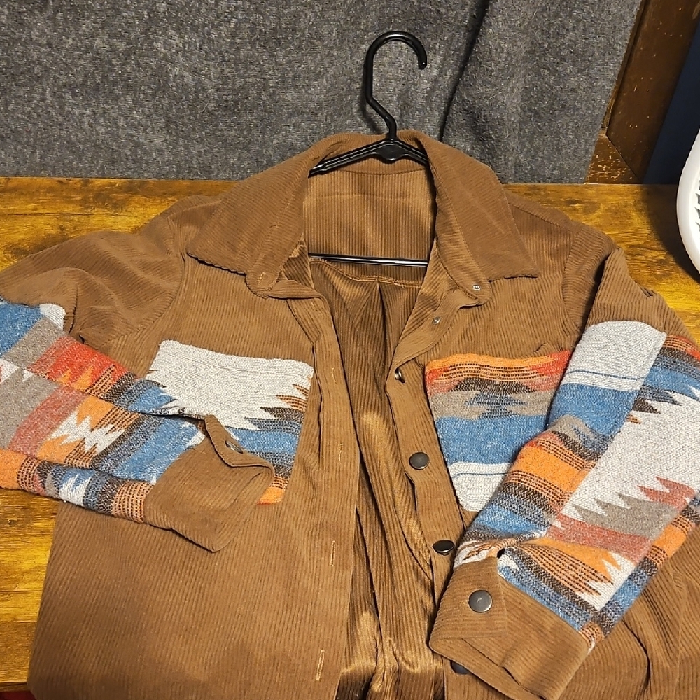 Ladies Brown Corduroy Jacket with Patterned Sleeves Size L